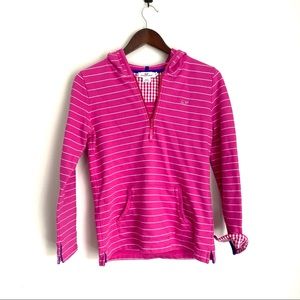 VINEYARD VINES Womens XS Pink/White Stripe Gingham 1/4 Zip Hooded Sweatshirt OO9